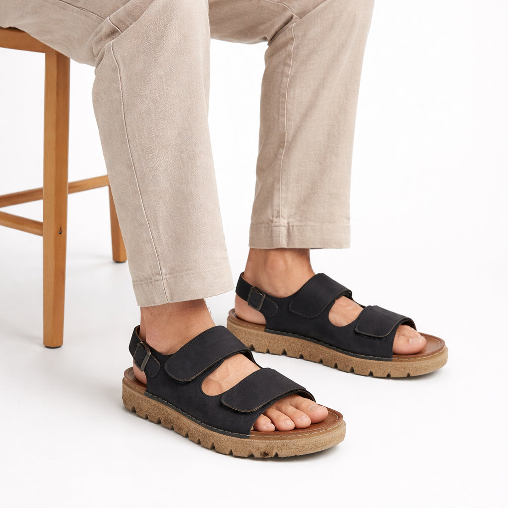 Comfortable men's sandals with a modern design – lightweight orthopedic sole with adjustable hook-and-loop straps and a fixed back strap – suitable for everyday wear and walking