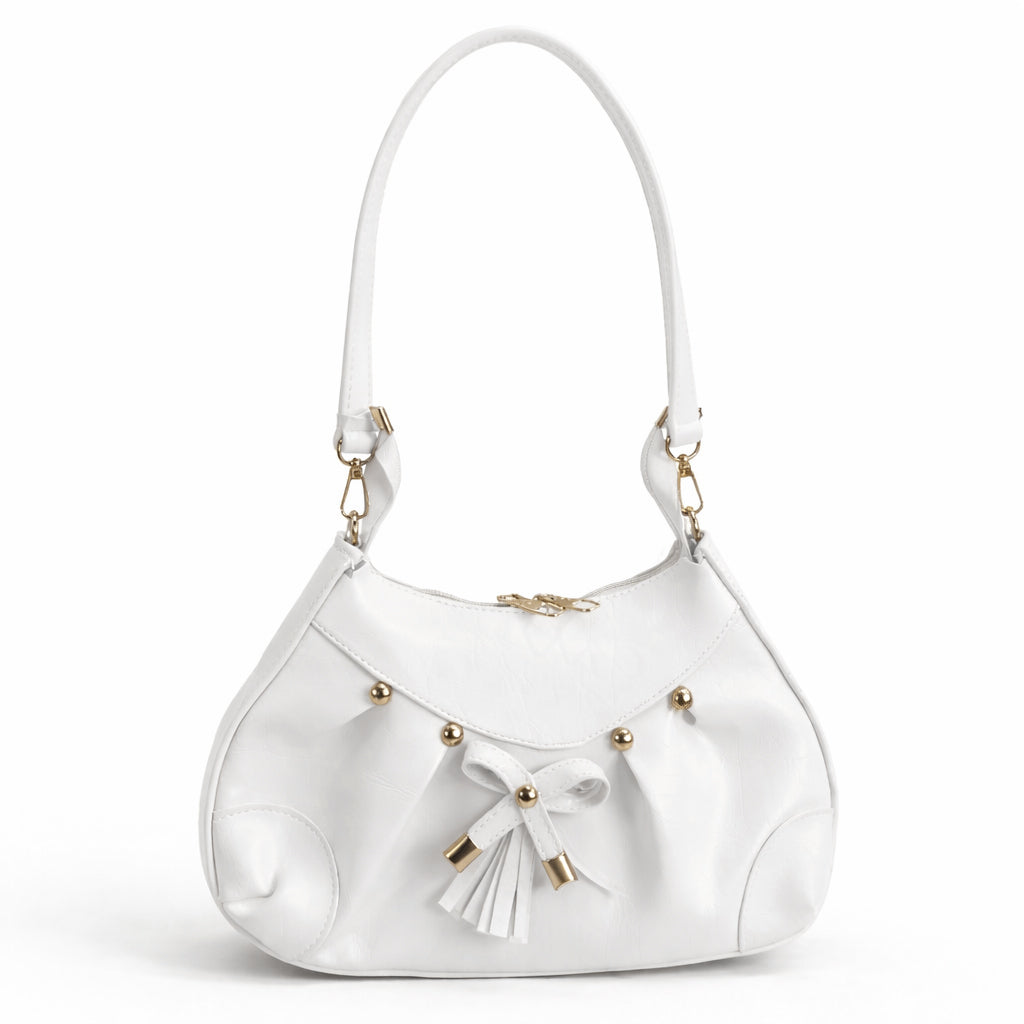 Stylish women's shoulder bag with a pleated design, featuring a bow and tassel – made of soft leather with a modern look, suitable for both formal and casual occasions.
