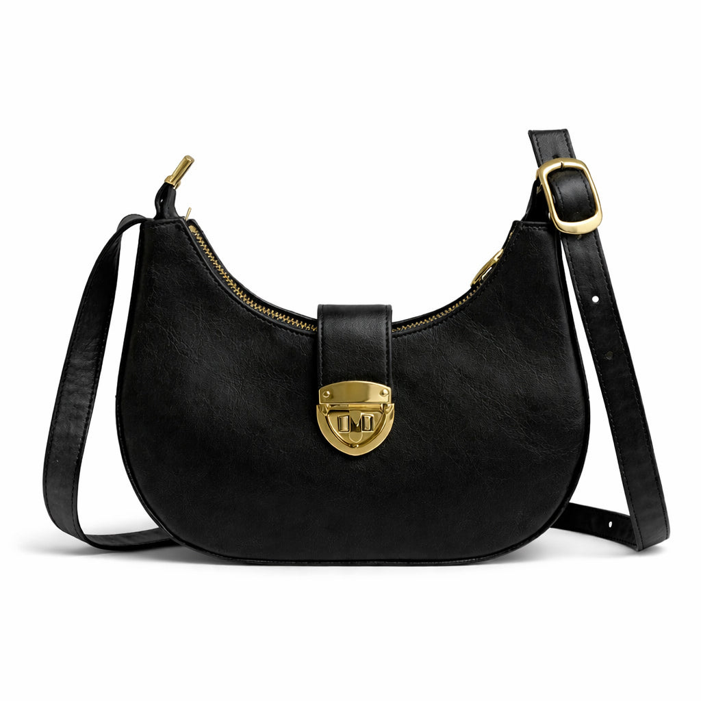 A stylish women's shoulder bag with a design that combines elegance and practicality, featuring a distinctive gold clasp and an adjustable strap.