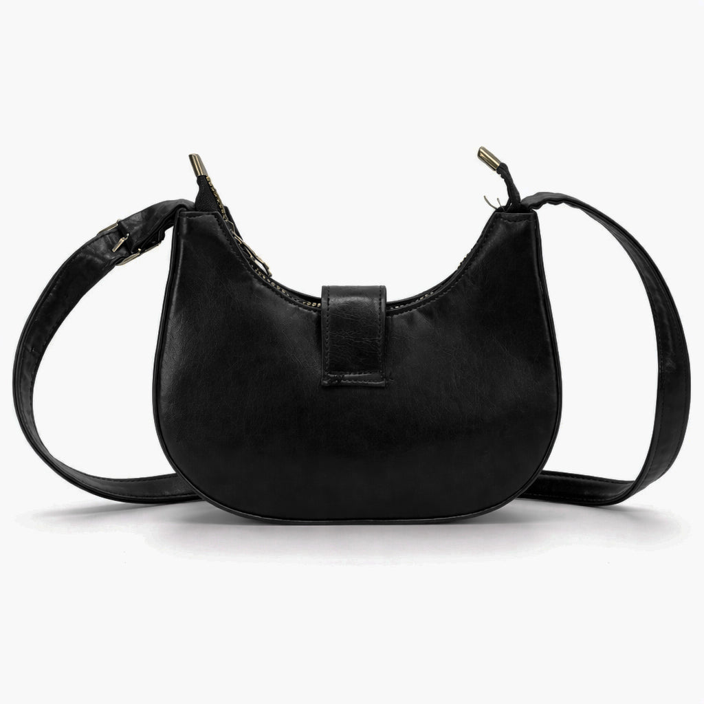 A stylish women's shoulder bag with a design that combines elegance and practicality, featuring a distinctive gold clasp and an adjustable strap.