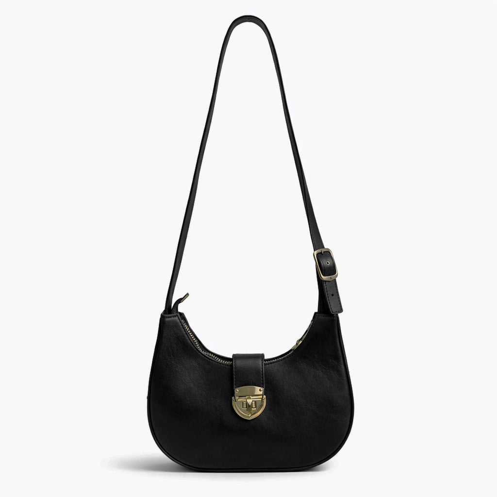 A stylish women's shoulder bag with a design that combines elegance and practicality, featuring a distinctive gold clasp and an adjustable strap.