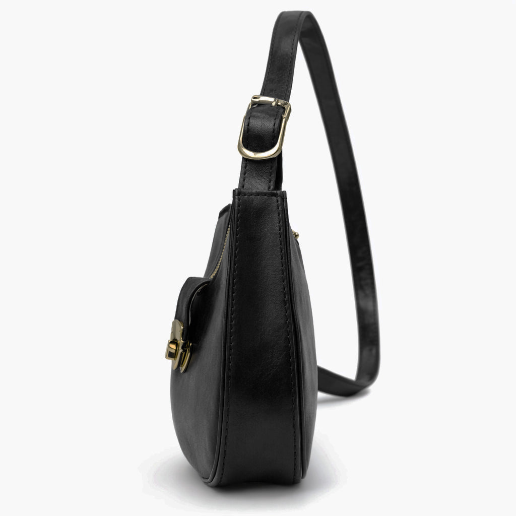 A stylish women's shoulder bag with a design that combines elegance and practicality, featuring a distinctive gold clasp and an adjustable strap.