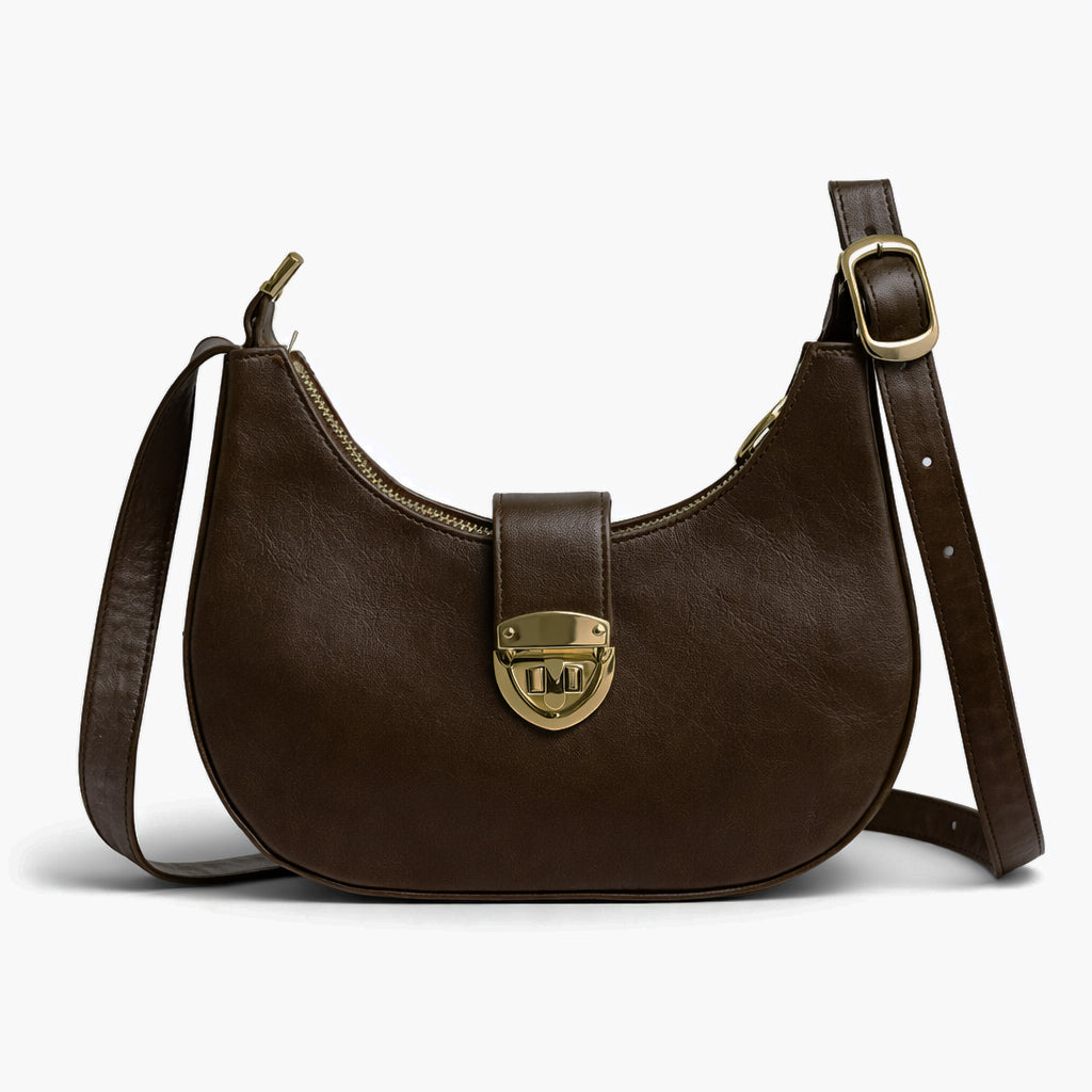 A stylish women's shoulder bag with a design that combines elegance and practicality, featuring a distinctive gold clasp and an adjustable strap.