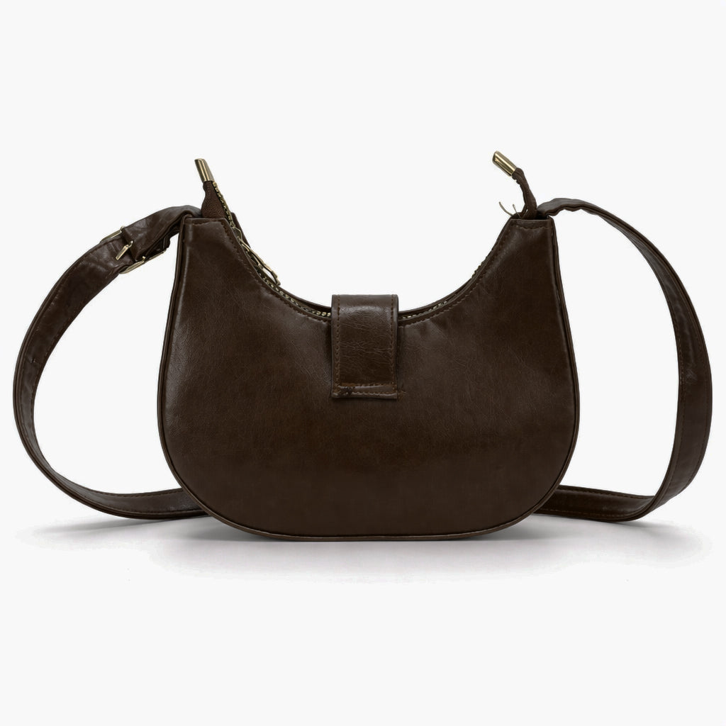 A stylish women's shoulder bag with a design that combines elegance and practicality, featuring a distinctive gold clasp and an adjustable strap.