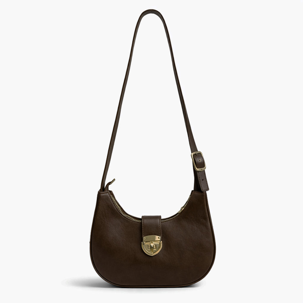 A stylish women's shoulder bag with a design that combines elegance and practicality, featuring a distinctive gold clasp and an adjustable strap.