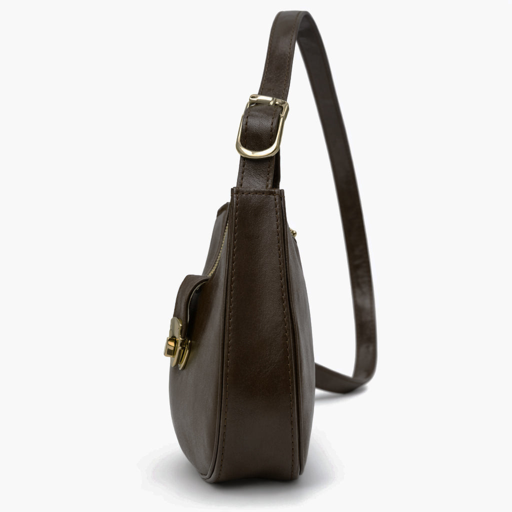 A stylish women's shoulder bag with a design that combines elegance and practicality, featuring a distinctive gold clasp and an adjustable strap.