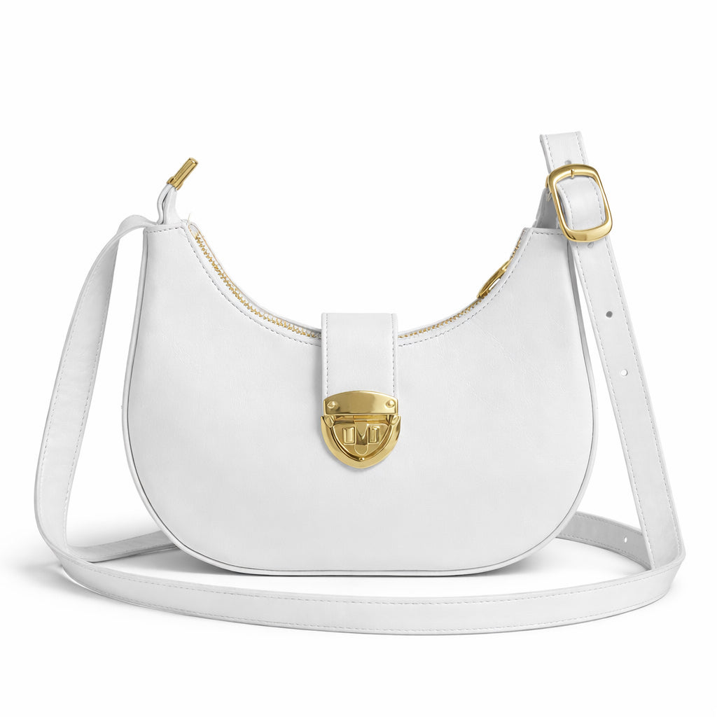 A stylish women's shoulder bag with a design that combines elegance and practicality, featuring a distinctive gold clasp and an adjustable strap.