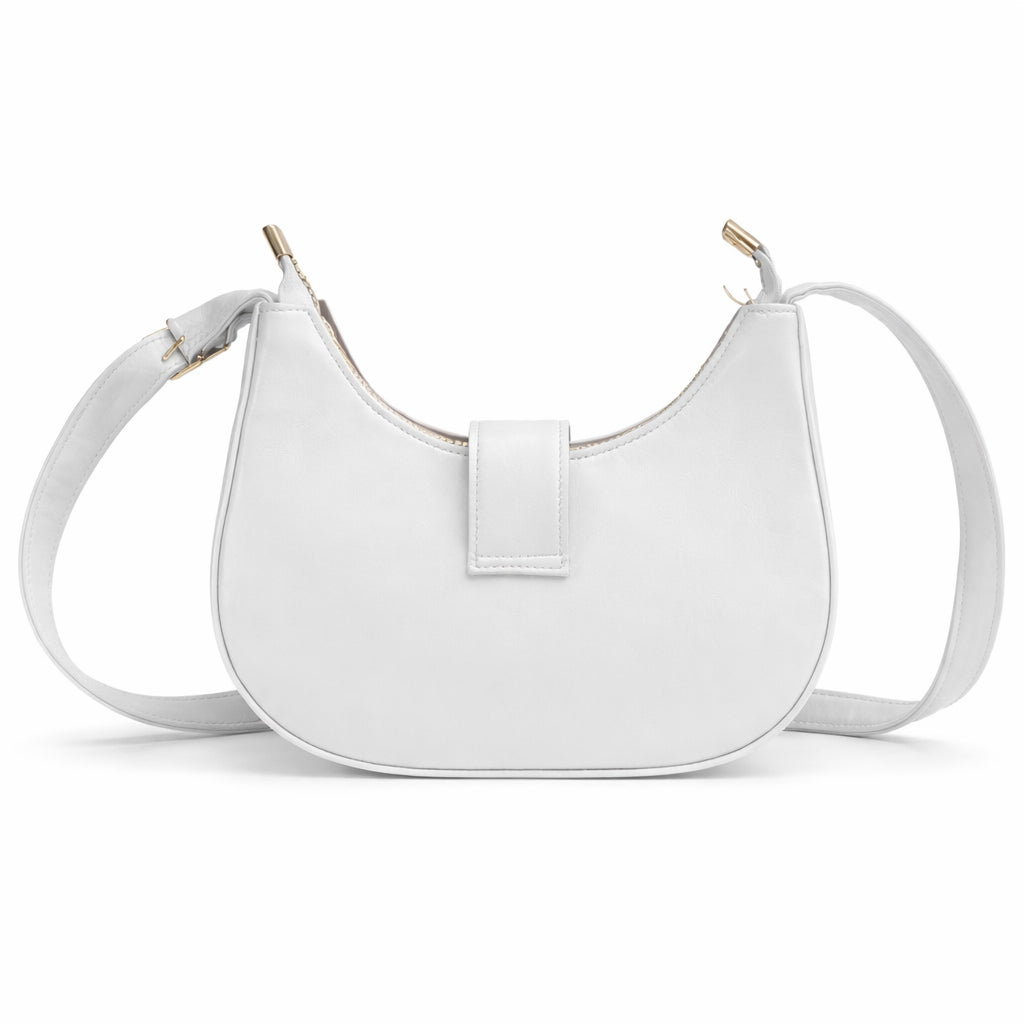 A stylish women's shoulder bag with a design that combines elegance and practicality, featuring a distinctive gold clasp and an adjustable strap.