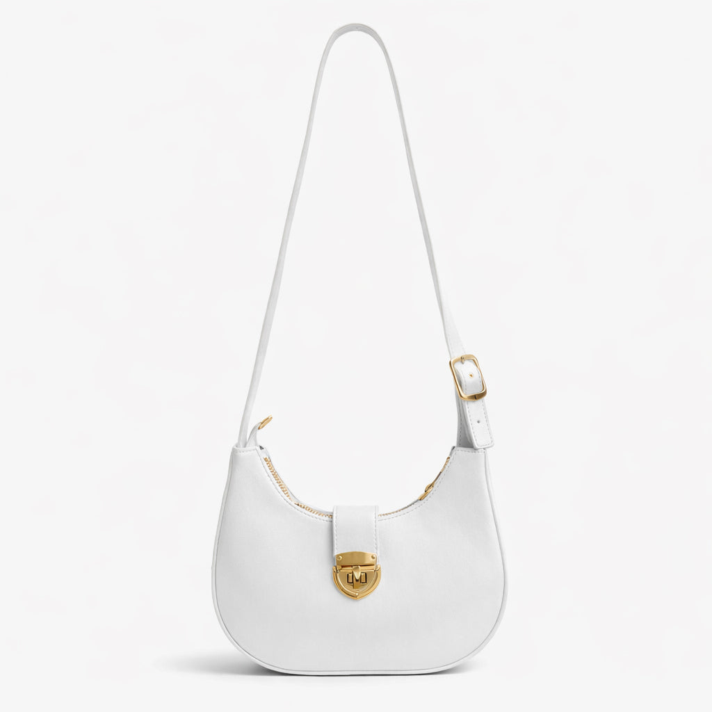 A stylish women's shoulder bag with a design that combines elegance and practicality, featuring a distinctive gold clasp and an adjustable strap.