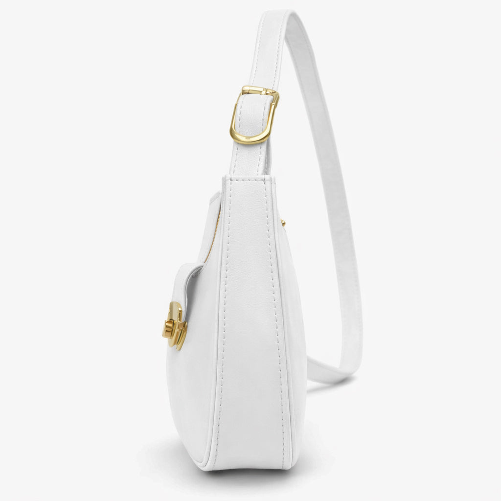 A stylish women's shoulder bag with a design that combines elegance and practicality, featuring a distinctive gold clasp and an adjustable strap.