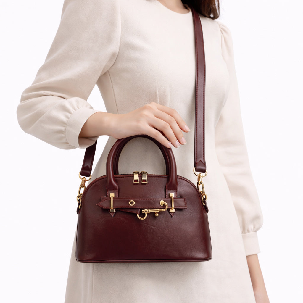 Classic "Dom" women's handbag in premium leather - with gold accents, featuring a top handle and adjustable shoulder strap - perfect for special occasions and work