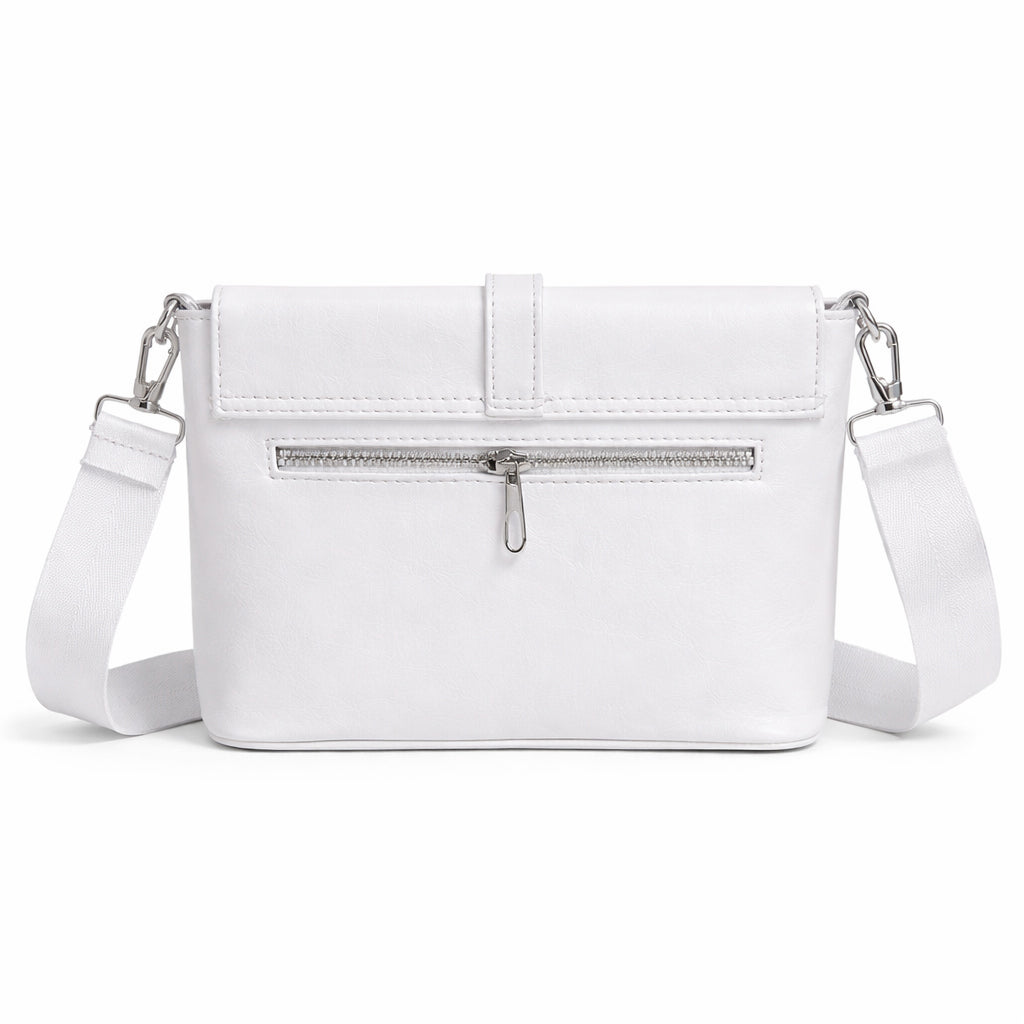 A classic women's crossbody bag in premium leather, featuring a stylish flap design, a distinctive silver metal clasp, and a wide, adjustable strap.