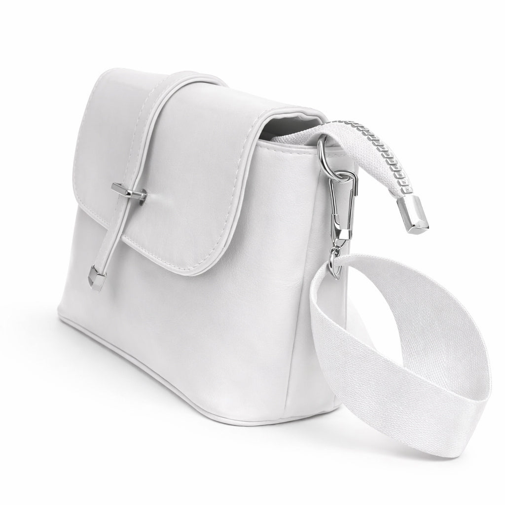 A classic women's crossbody bag in premium leather, featuring a stylish flap design, a distinctive silver metal clasp, and a wide, adjustable strap.