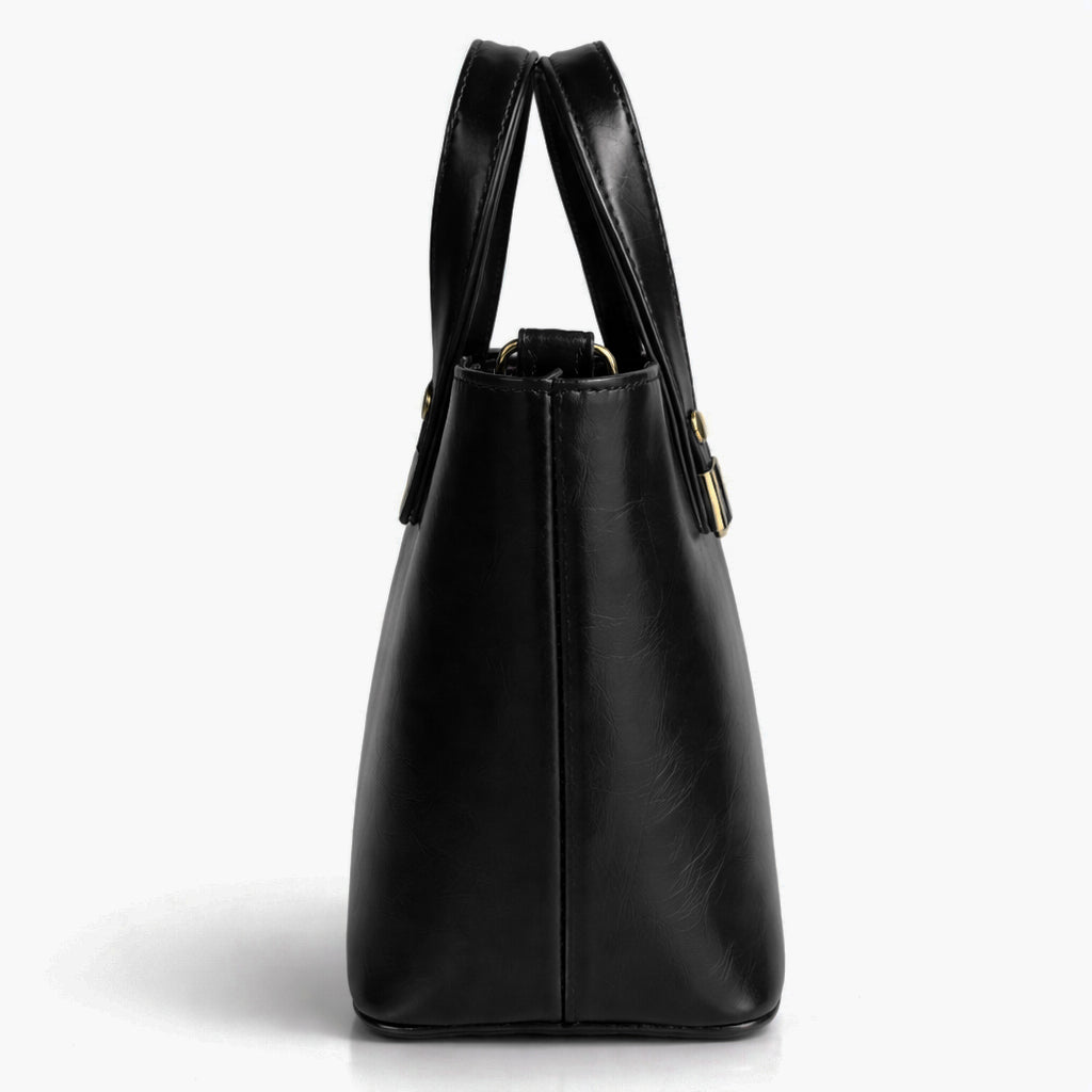 A classic women's small "tote" handbag in glossy leather - equipped with top handles and a wide, adjustable, detachable shoulder strap - stylish and practical for work and occasions.